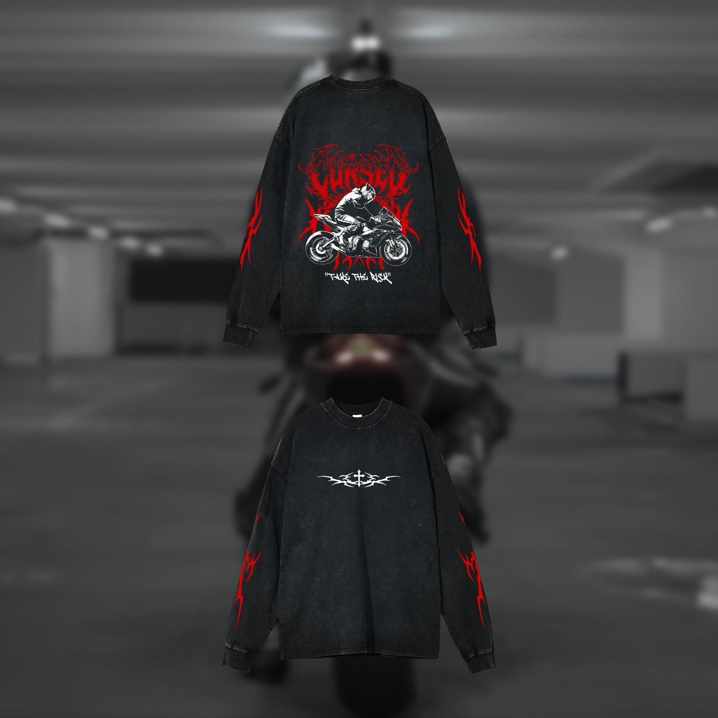 CURSED - Acid Wash Long Sleeve T-Shirt - Dark Grey - CUSTOM