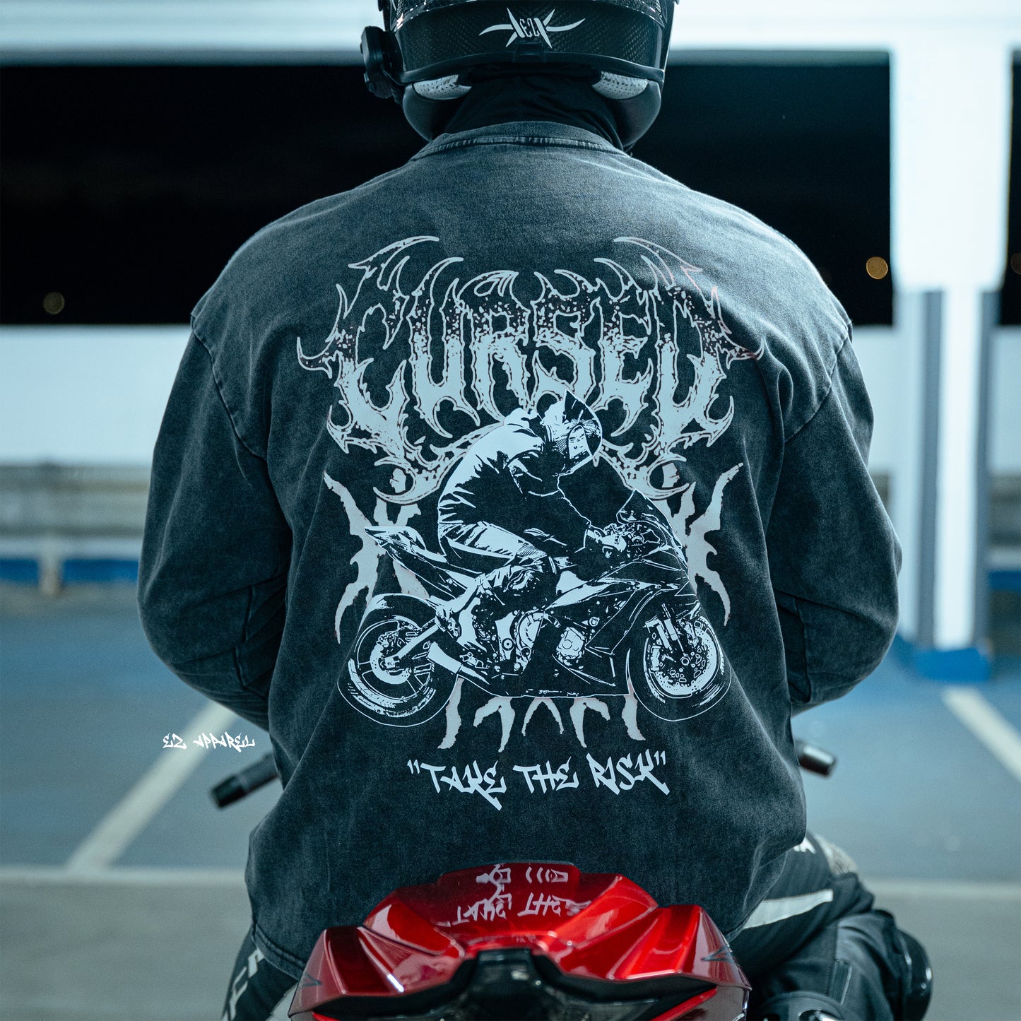 CURSED - Acid Wash Long Sleeve T-Shirt - Dark Grey - WHITE