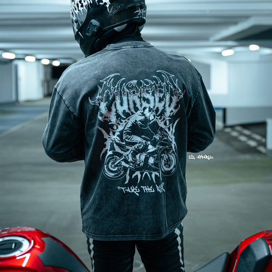 CURSED - Acid Wash Long Sleeve T-Shirt - Dark Grey - WHITE